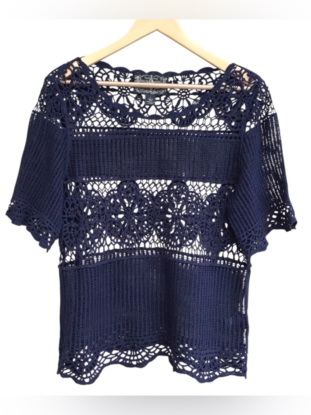 Anthropologie James Coviello Blue Crochet Lace Short Sleeve Top Large
